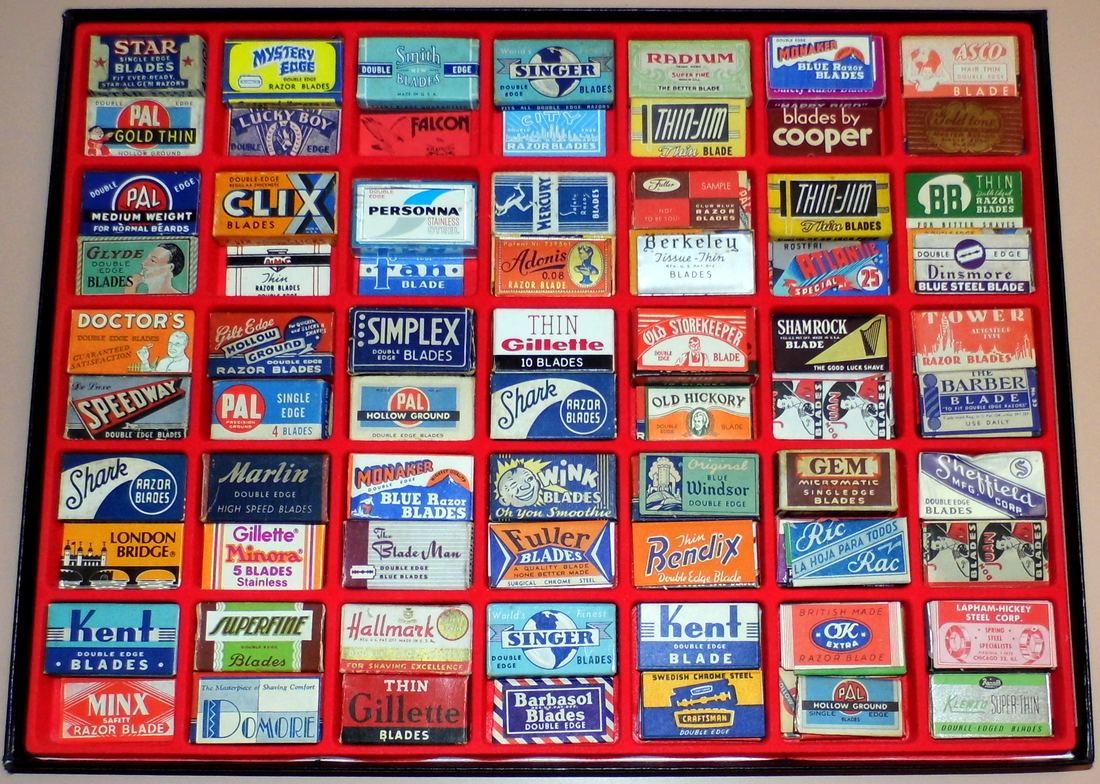 A collection of vintage safety razor blade packets